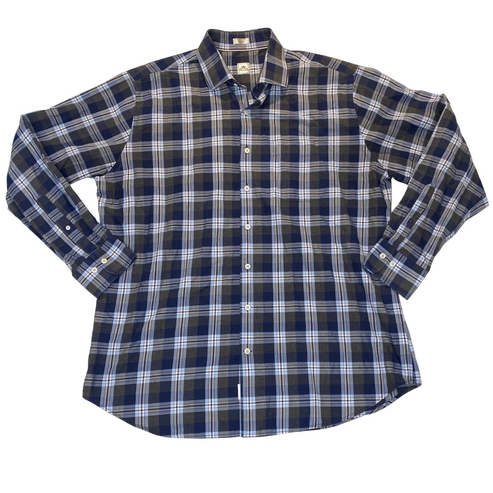 Peter Millar Mens XL Button Down Shirt Navy Blue Grey Plaid Cotton‎ Long Sleeve
